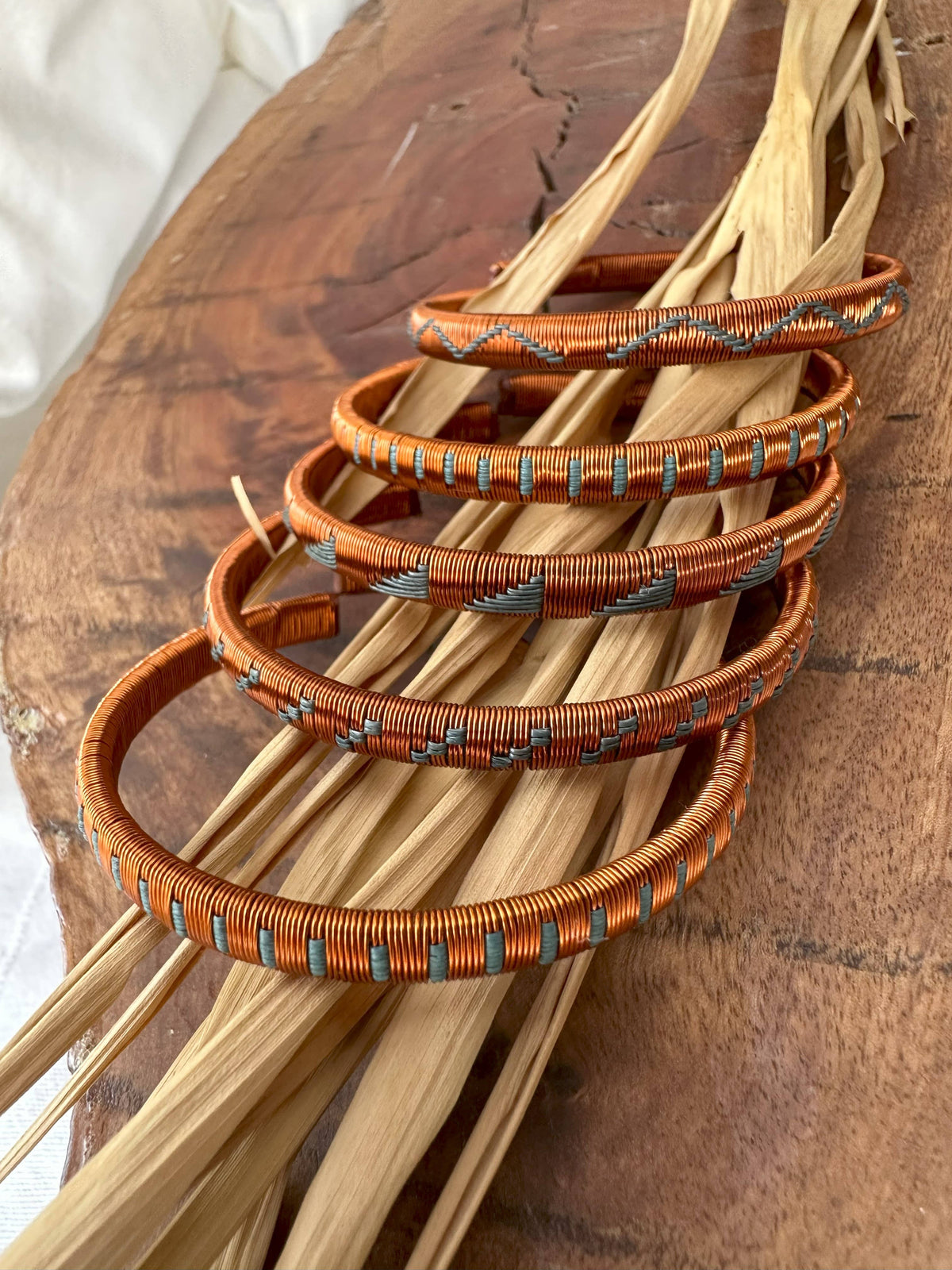 Thin Copper &amp; Grey Handwoven Raffia &amp; Wire Bracelet