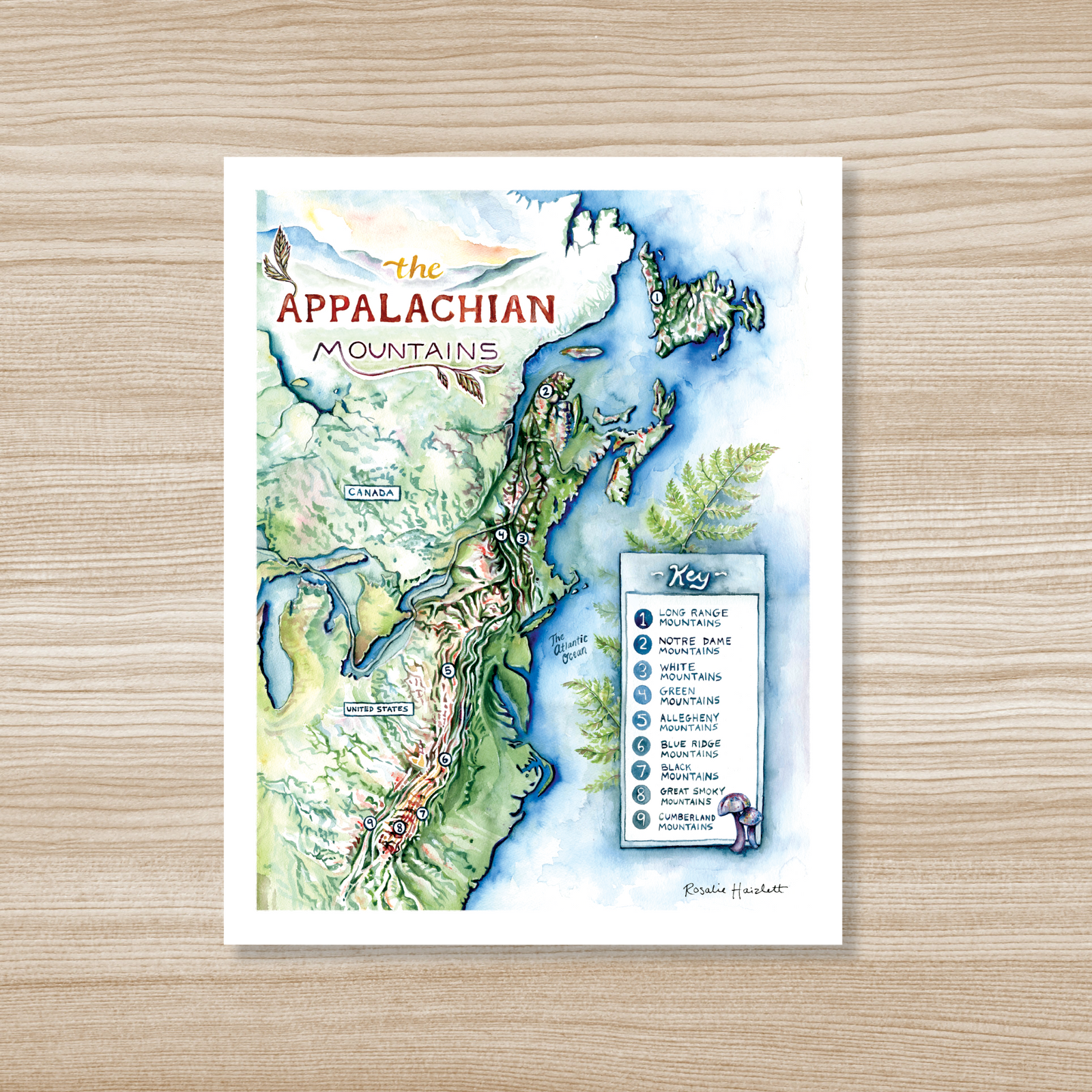 Appalachian Mountains Map Watercolor Art Print by Rosalie Haizlett