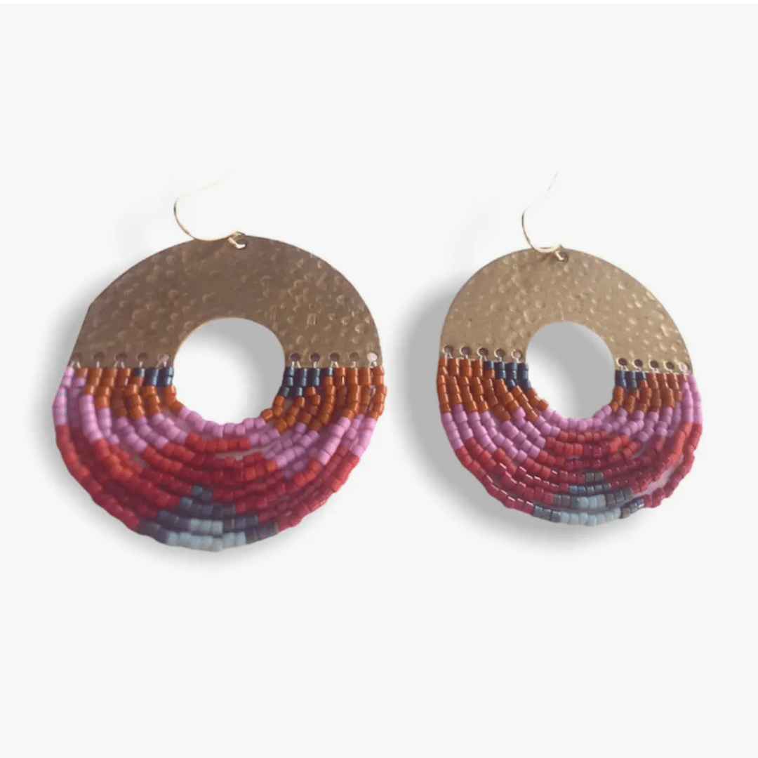 Beaded Handwoven Organic Circular Fringe Earrings (Lilac) - Mayana