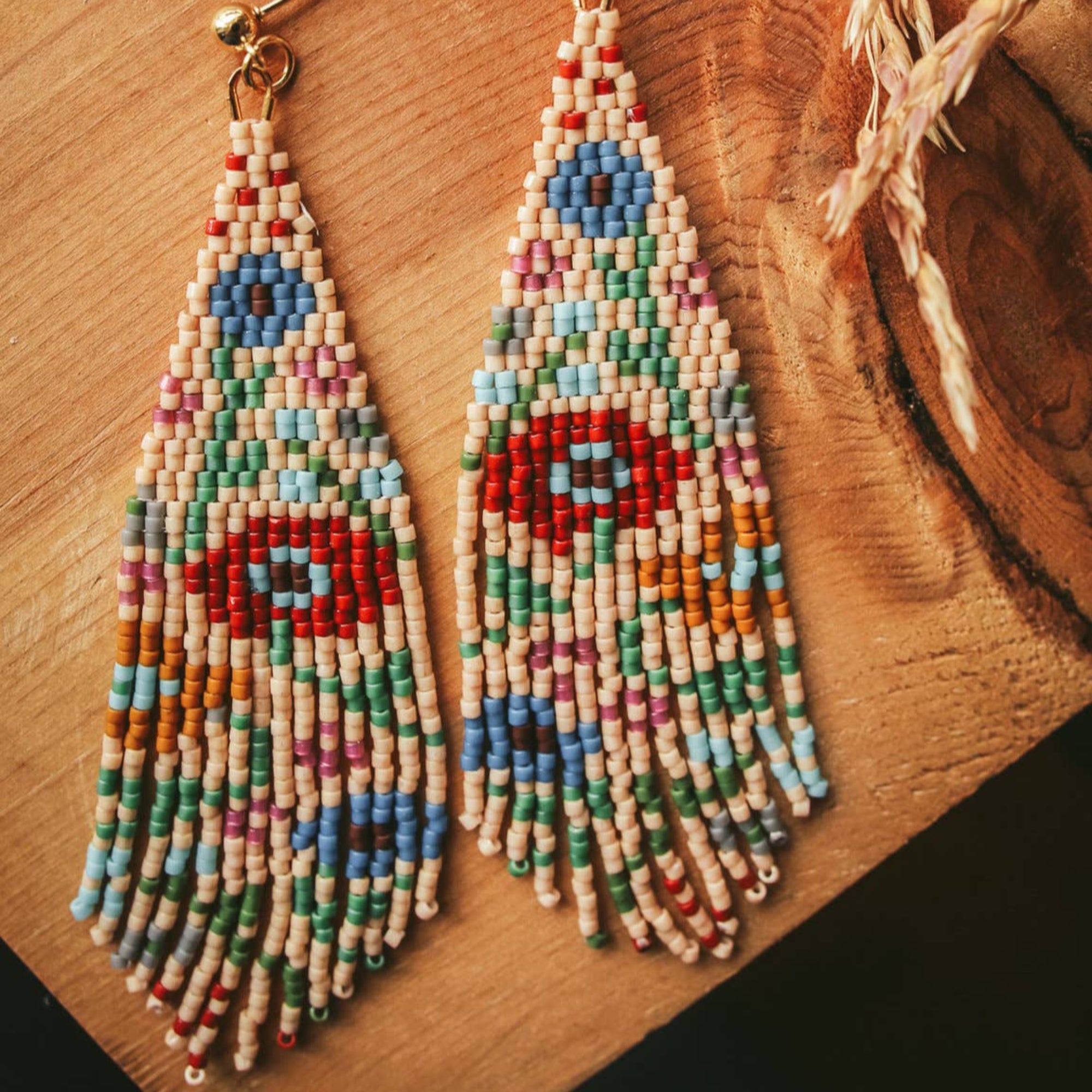 Tan Wildflower Fringe Beaded Handwoven Earrings
