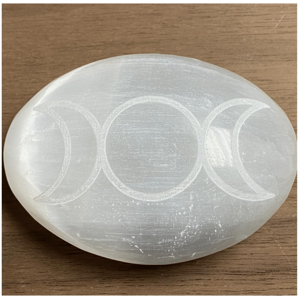 Triple Moon - Engraved Selenite Palm Stone