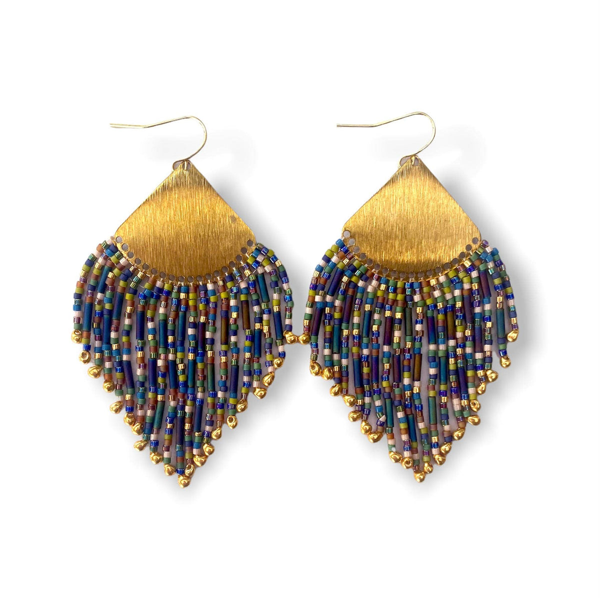 Beaded Handwoven Confetti Fringe Earrings (Blue/Green)