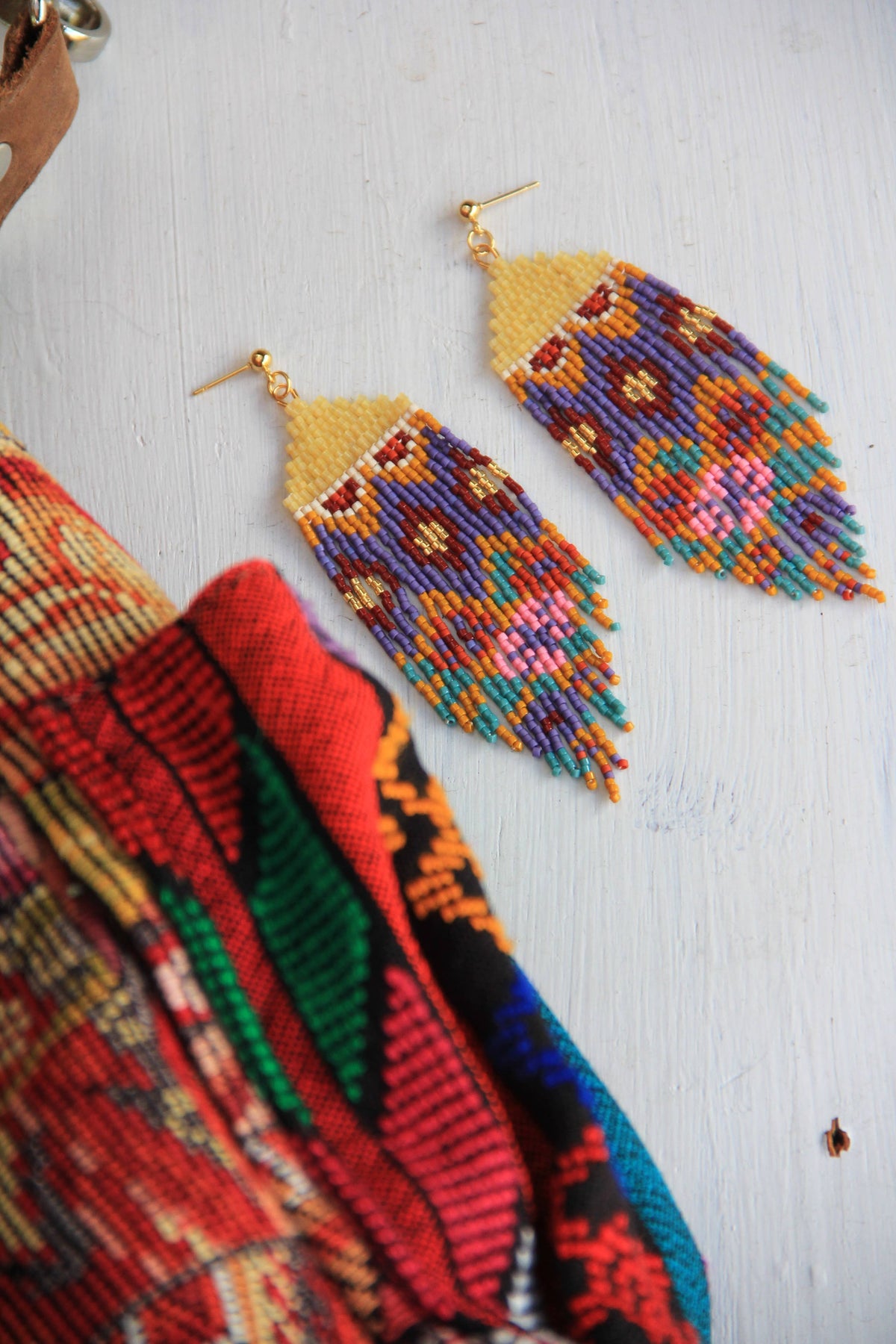 Beaded Handwoven Huipil Fringe Earrings (Warmed Earth)