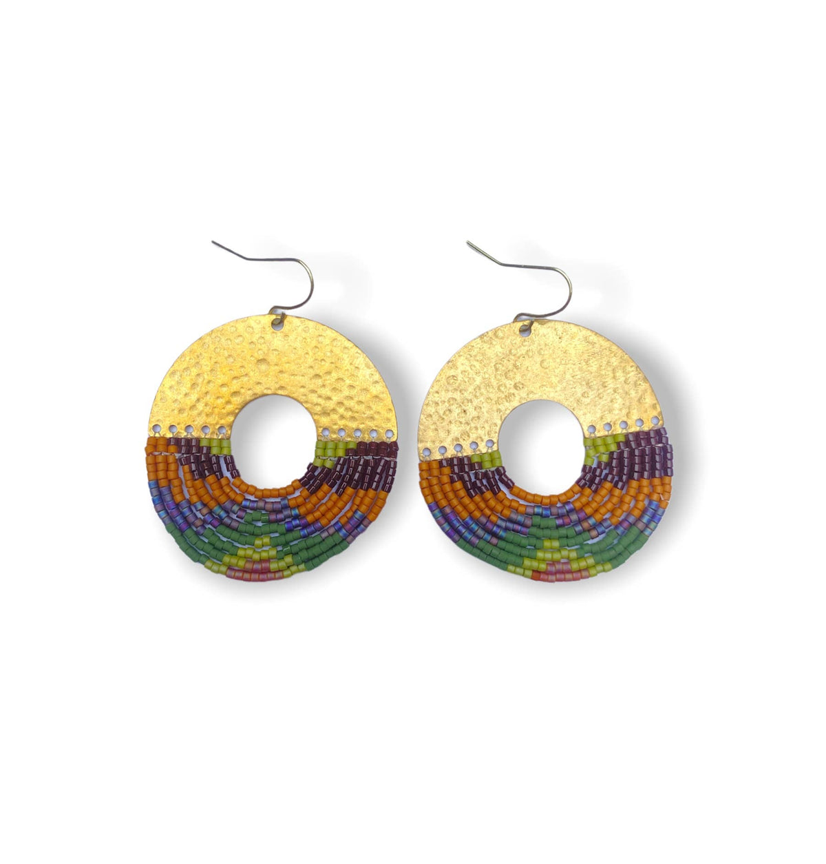 Green Organic Circular Fringe Beaded Handwoven Earrings
