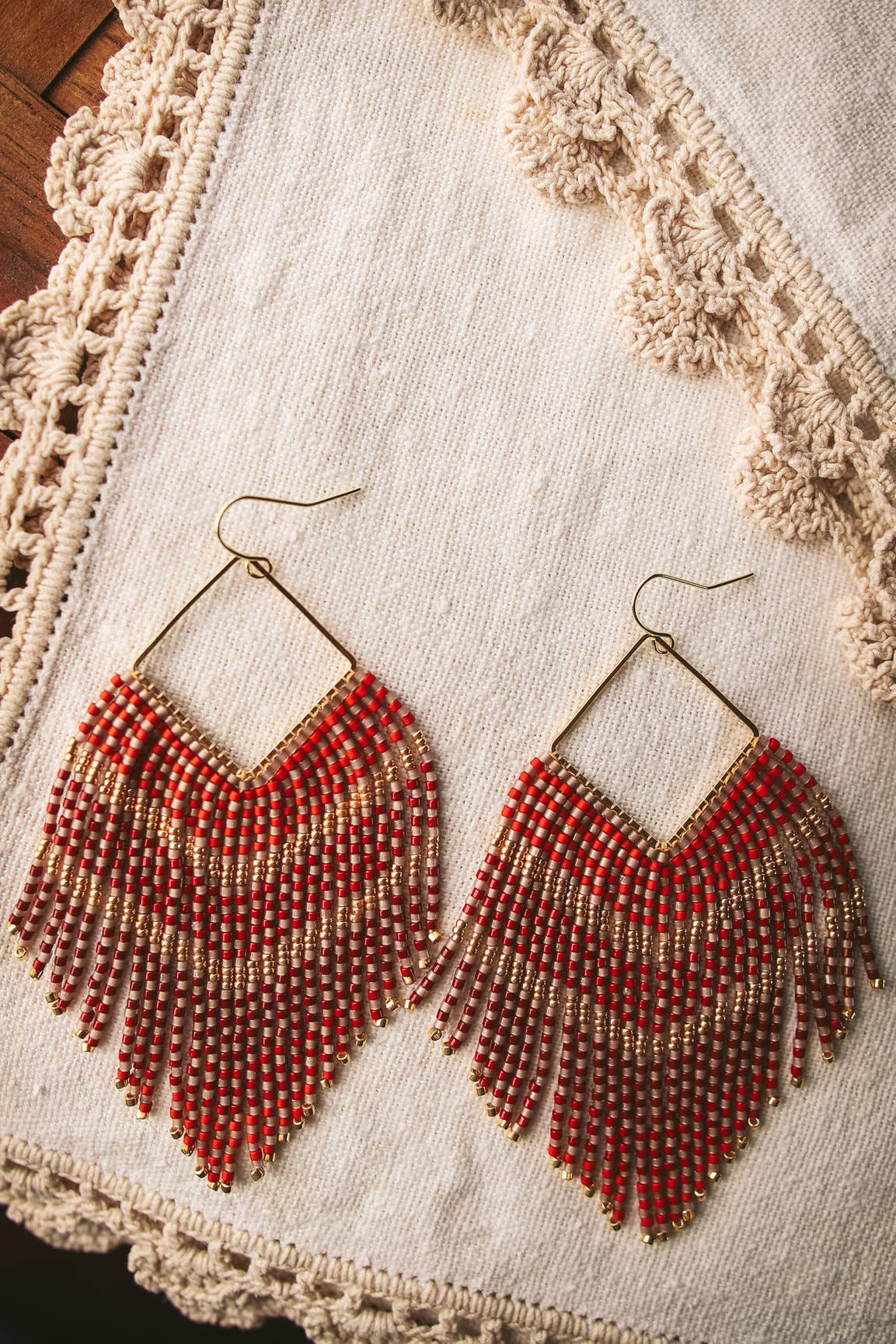 Red Maxi V-Fringe Beaded Handwoven Earrings