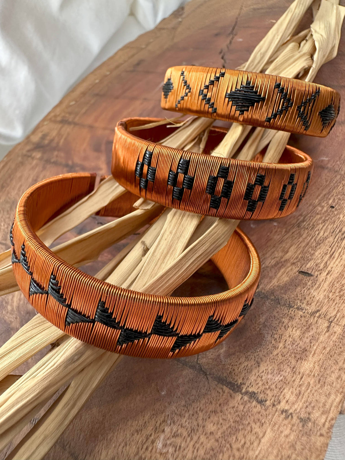 Wide Copper &amp; Black Handwoven Raffia &amp; Wire Bracelet