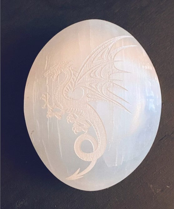Dragon - Engraved Selenite Palm Stone