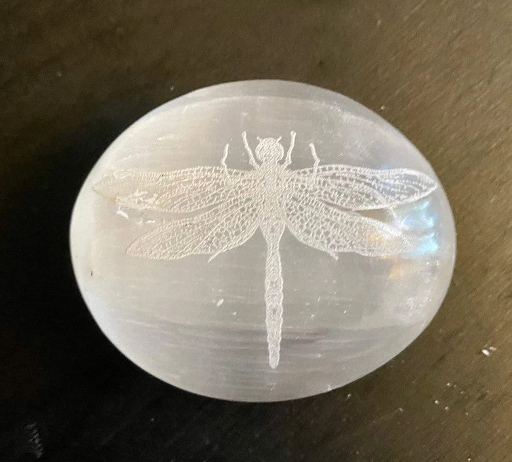 Dragonfly - Engraved Selenite Palm Stone