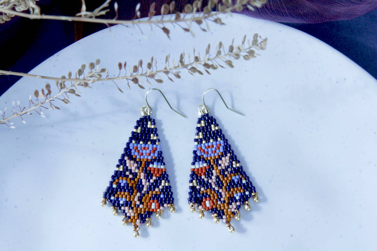 Beaded Handwoven Night Bloom Drop Earrings (Indigo)