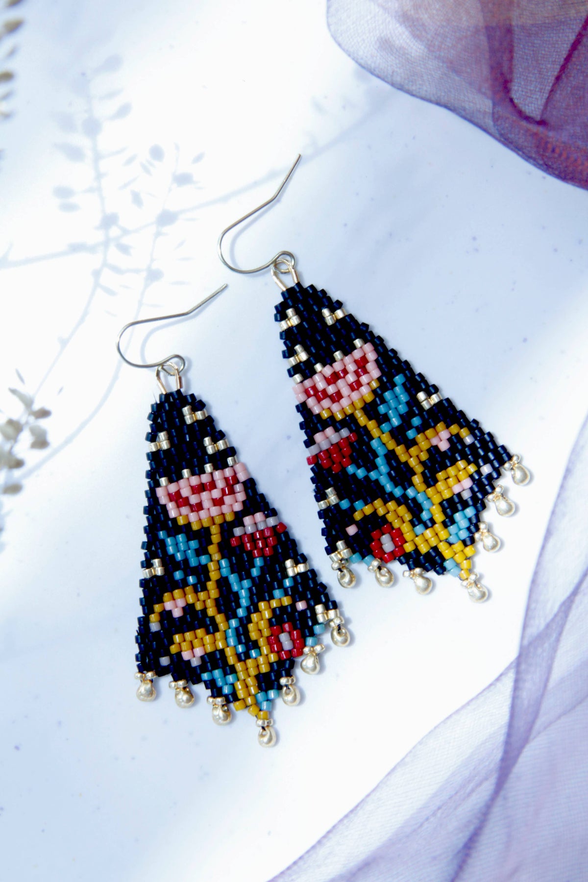 Beaded Handwoven Night Bloom Drop Earrings (Midnight)